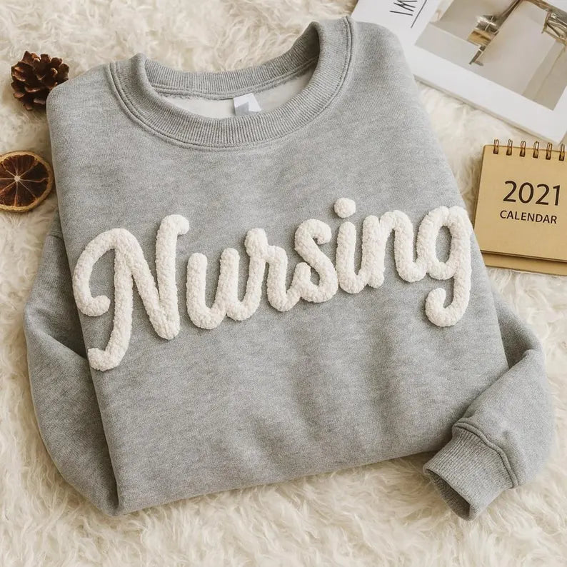 Nursing Chenille Yarn Embroidered Sweatshirt, Custom Nurse Sweatshirt, Cozy Nurse Gift Shirt for Her, Medical Crewneck