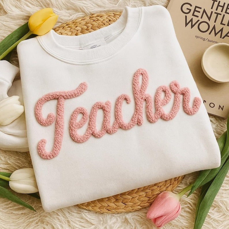 Teacher Chenille Yarn Embroidered Sweatshirt, Custom Holiday Crewneck, Christmas Gift for Teacher, Cozy Women's Teacher Shirt