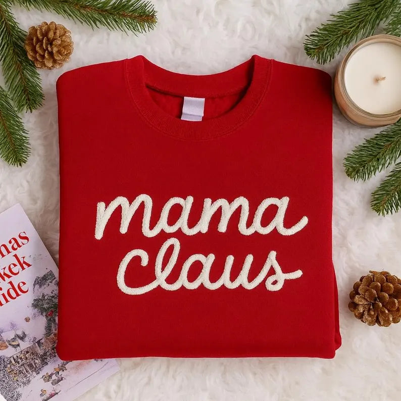 MAMA Claus Chenille Yarn Embroidered Sweatshirt, Family Xmas Matching Shirt, Custom Gift for Mimi Nana Grandma