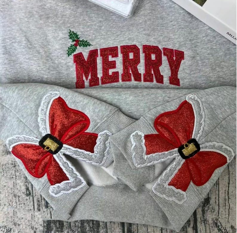 Merry Christmas Side Bow Embroidered Sweatshirt, Glitter applique Christmas shirt, Christmas Side Bow, Christmas Sweatshirt, Holiday Apparel