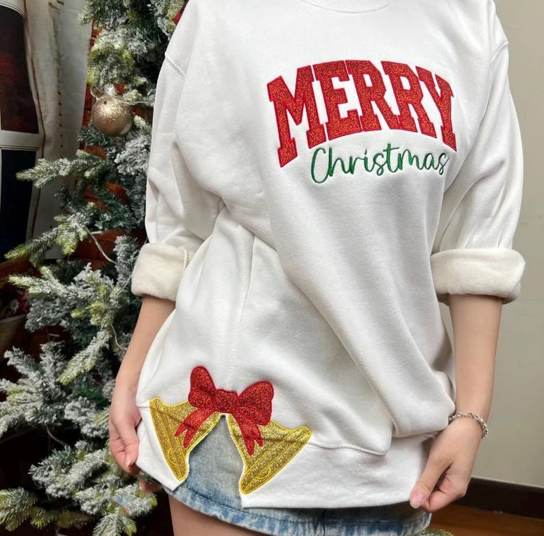 Merry Christmas Side Bow Embroidered Sweatshirt, Glitter applique Christmas shirt, Christmas Side Bow, Christmas Sweatshirt, Holiday Apparel