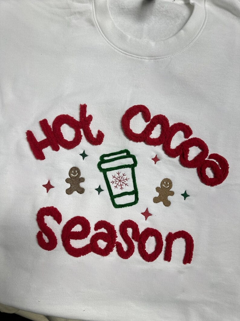 Hot Cocoa Season Chenille Embroidered Sweatshirt, Gingerbread Christmas Sweater, Cozy Holiday Pullover, Fuzzy Winter Gift Shirt