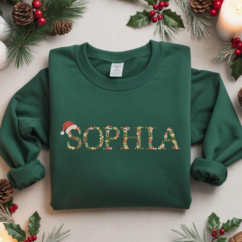 Embroidered Personalized Christmas Sweatshirt - Floral Custom Name Crewneck Sweater - Custom Xmas Gift - Matching Christmas Hoodies
