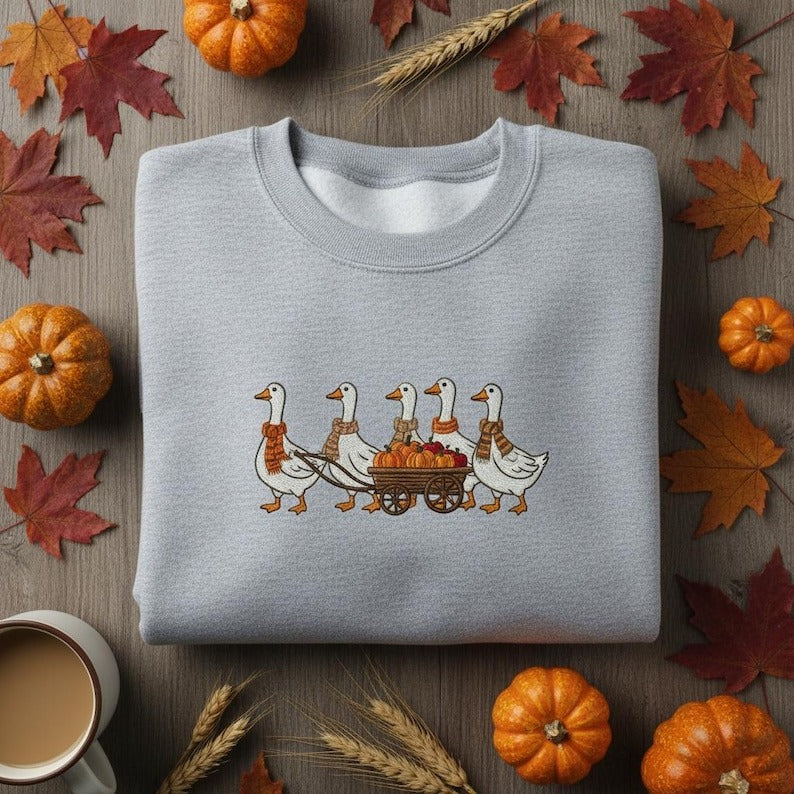 Autumn Geese with Pumpkin Cart Embroidered Sweatshirt, Fall Season Bird Shirt, Cute Goose Pullover, Thanksgiving Gift, Farm Animal Apparel
