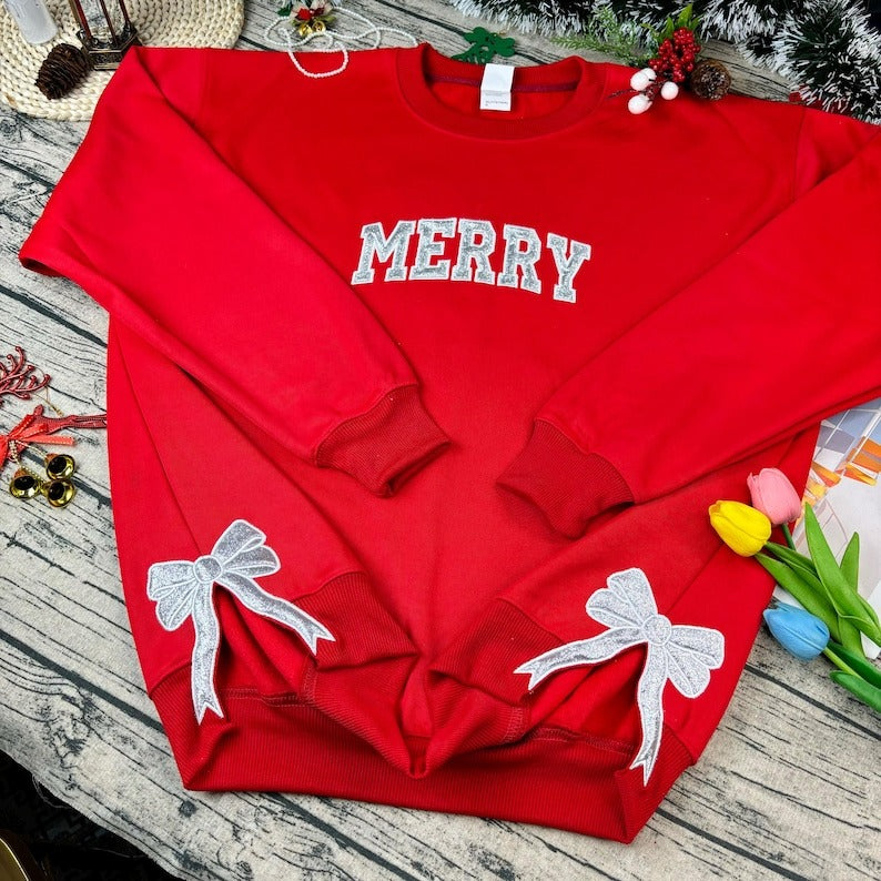 Custom Glitter Merry Christmas Sweatshirt, Red Holiday Crewneck with Silver Bow Applique, Festive Xmas Hoodie, Christmas Party Outfit Gift