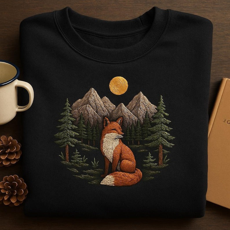 Embroidered Fox Sweatshirt, Full Moon Mountain Crewneck, Forest Nature Pullover, Fox Lover Gift, Cottagecore Wildlife Shirt