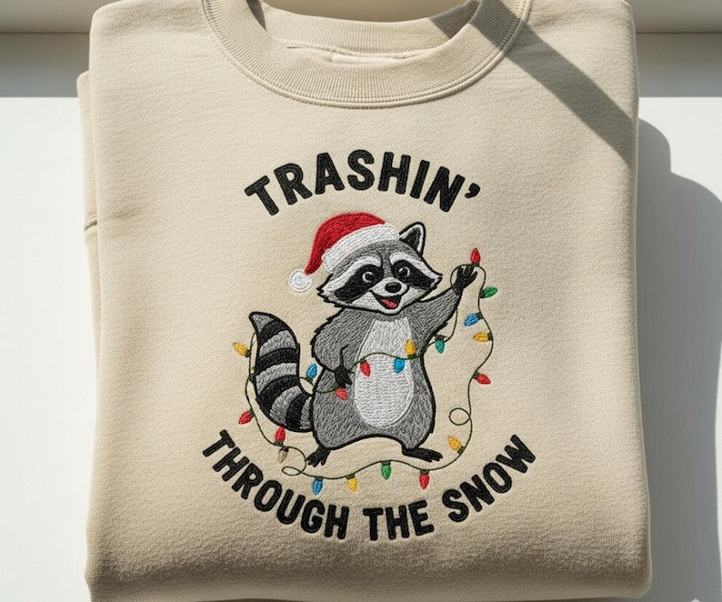 Embroidered Raccoon Christmas Sweatshirt: Funny Holiday Animal Sweater