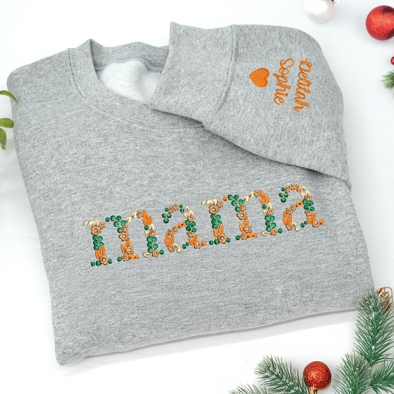 Mama Floral Sweatshirt Embroidered - Custom Mama Christmas Sweatshirt - Personalized Mama Sweatshirt with Kids Names - Mom Christmas Gift