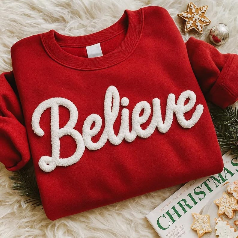 Believe Chenille Yarn Embroidered Sweatshirt, Merry and Bright Shirt, Believe Christmas Sweatshirt, Holiday Gift for Family