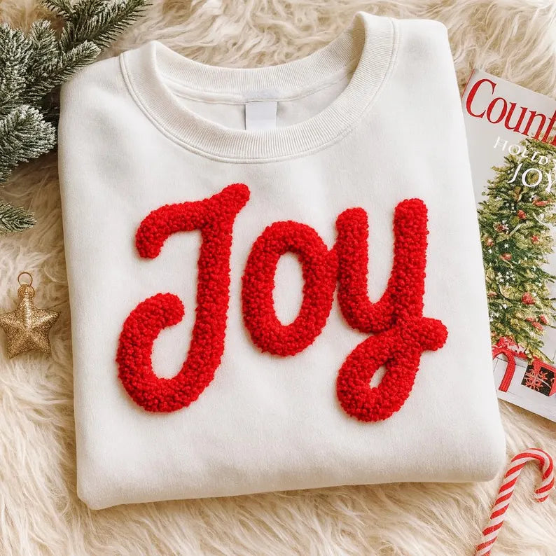 JOY Christmas Chenille Yarn Embroidered Sweatshirt, Joy To The World Embroidered Sweatshirt, Christian Christmas Shirt, Religious Gift for Her