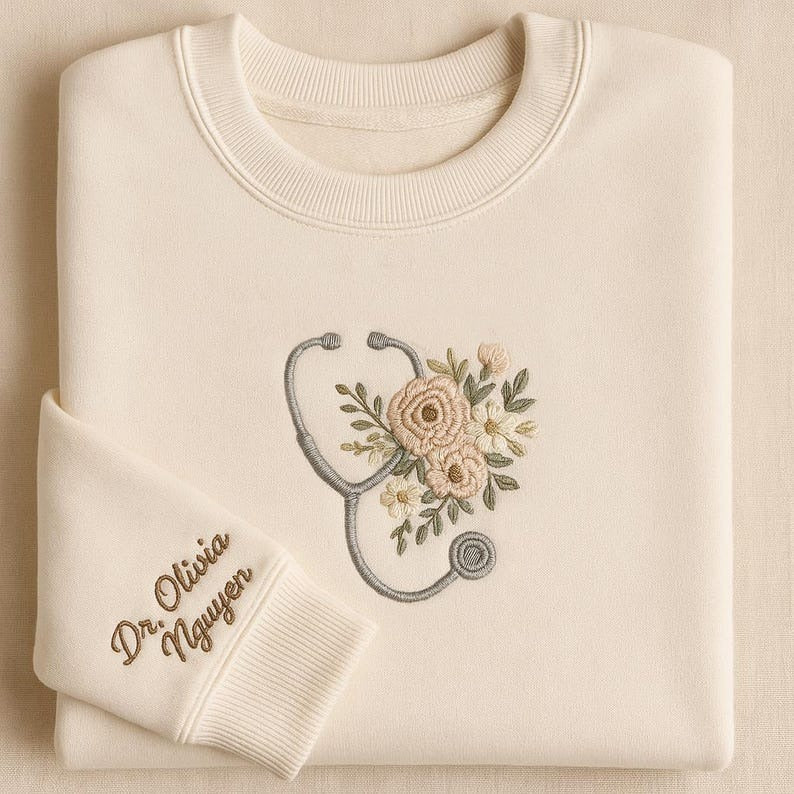 Personalized Doctor Sweatshirt, Floral Stethoscope Embroidered Pullover, Custom Dr. Gift, Medical School Graduation