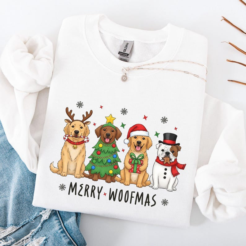 Merry Woofmas Embroidered Sweatshirt – Dog Christmas Sweater for Dog Mom, Pet Lover Holiday Gift, Cute Xmas Crewneck for Dog Owner