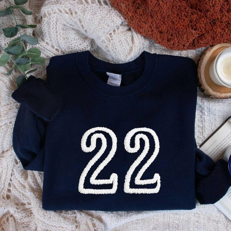 Custom Number Chenille Yarn Embroidered Sweatshirt – Soccer Mom Game Day Shirt, Custom Football / Team Number Pullover for Adults & Kids