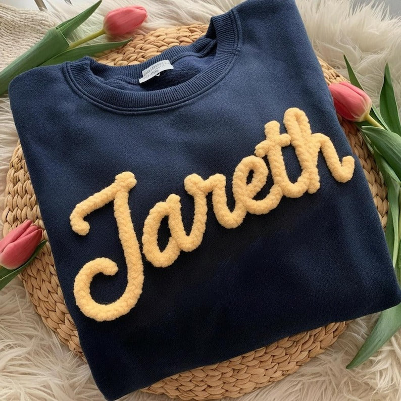 Personalized Chenille Yarn Embroidered Sweatshirt, Custom Fuzzy Letter Team Spirit Crewneck, Game Day Pullover with Team Name