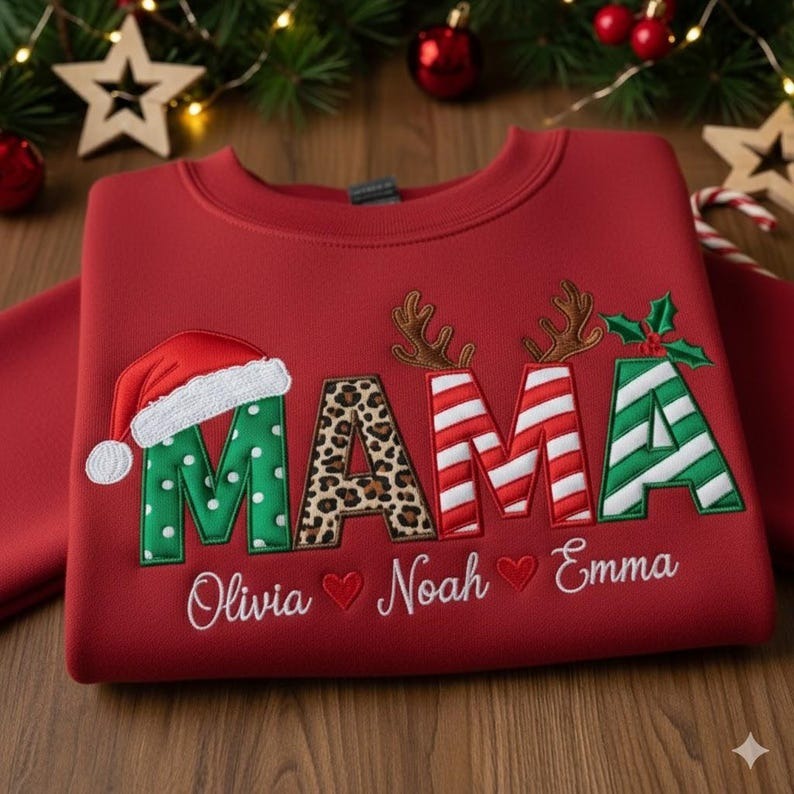 Personalized Mama Christmas Sweatshirt, Embroidered Holiday Sweater, Mama with Kids’ Names, Custom Family Christmas Gift, Matching Xmas