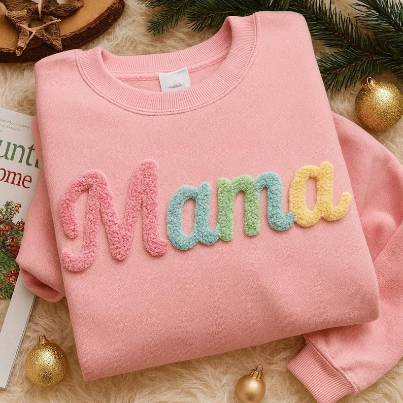 MAMA Chenille Yarn Embroidered Sweatshirt, Chenille Patch Christmas Sweater, Cozy Holiday Gift for Mom, New Mom Christmas Sweatshirt