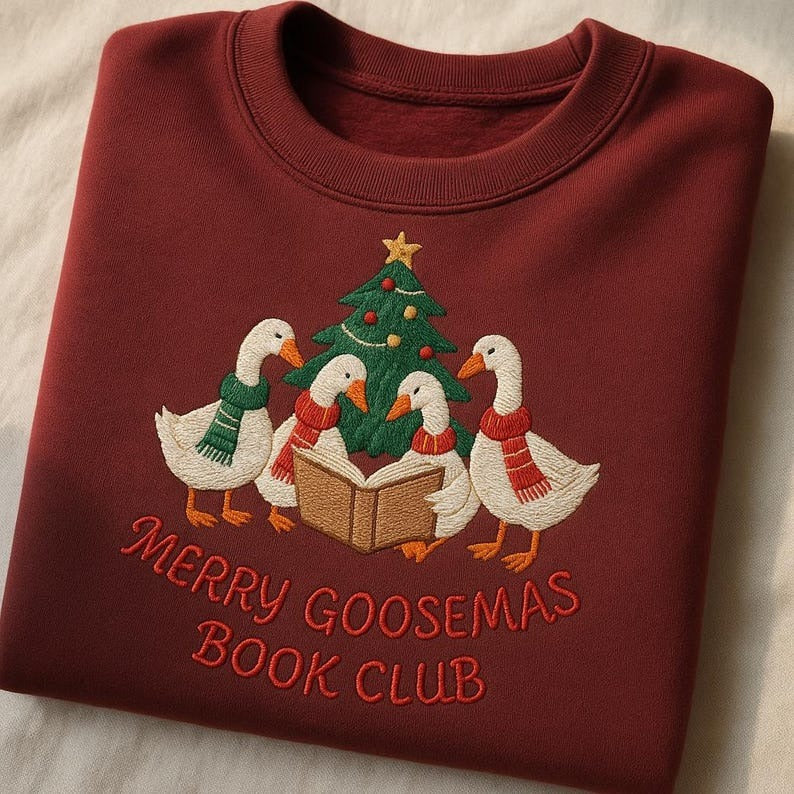 Merry Goosemas Book Club Embroidered Sweatshirt, Funny Goose Christmas Shirt, Duck Reading Holiday Gift, Cute Bird Crewneck, Xmas
