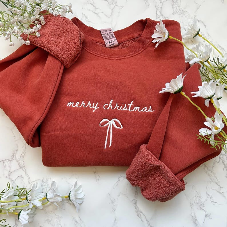 Embroidered Merry Christmas Sweatshirt, Embroidered Coquette Christmas Crewneck Sweatshirt, Minimal Christmas Sweater, Custom Xmas Gift, Bow