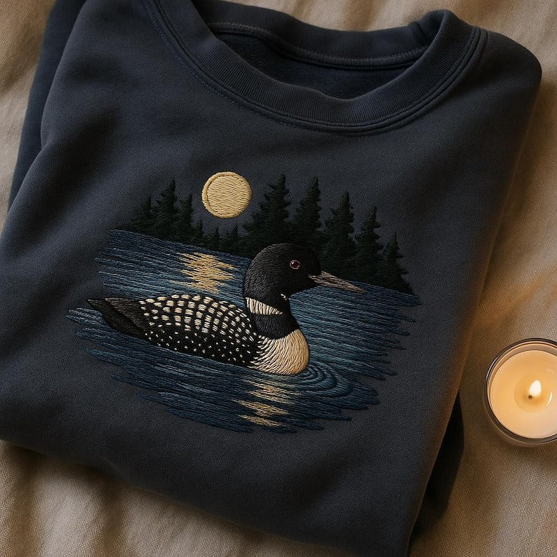 Embroidered Loon Bird Sweatshirt, Moonlight Forest Hoodie, Nature Wildlife Sweater, Cabin Life Outdoors Gift, Water Bird Art
