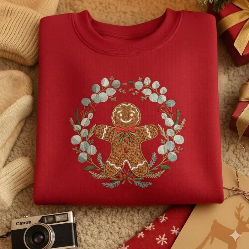 Embroidered Gingerbread Man Sweatshirt – Festive Holiday Crewneck with Floral & Christmas Motifs