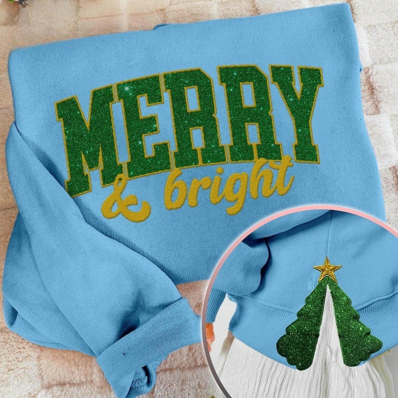 Merry and Bright Side Bow Embroidered Sweatshirt, Glitter Christmas Shirt, Side Bow Applique Hoodie, Christmas Bow Shirt, Holiday Apparel