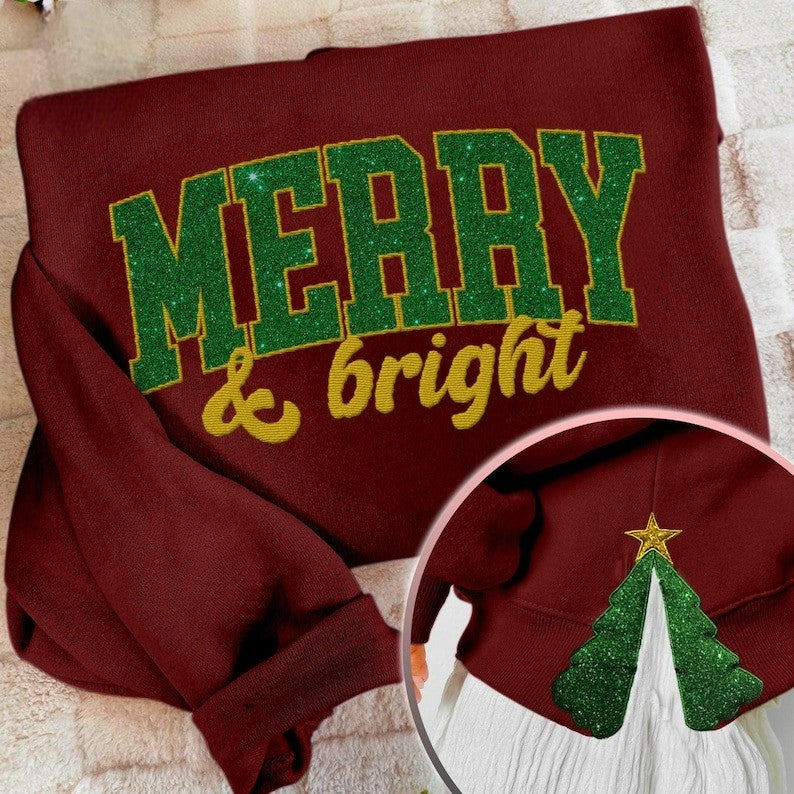 Merry and Bright Side Bow Embroidered Sweatshirt, Glitter Christmas Shirt, Side Bow Applique Hoodie, Christmas Bow Shirt, Holiday Apparel