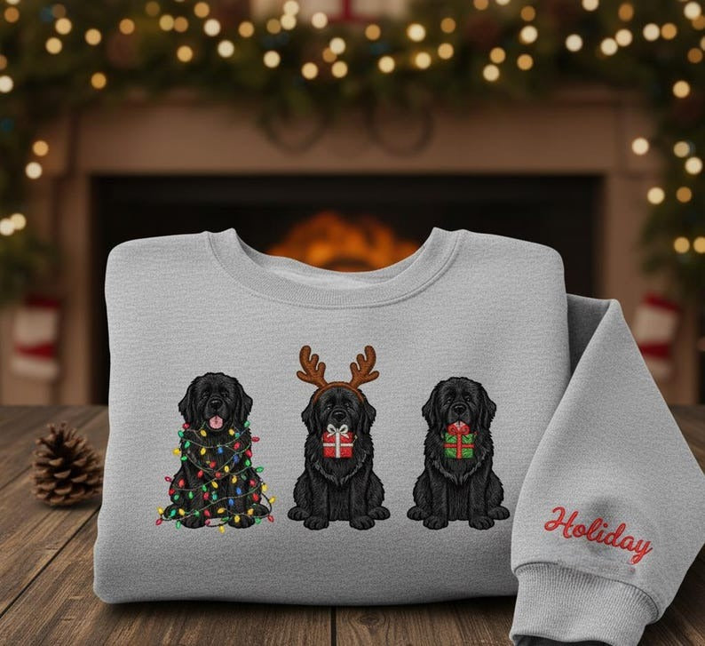 Holiday Newfoundland Embroidered Christmas Sweatshirt – Festive Lights & Reindeer Design, Cozy Winter Crewneck Gift