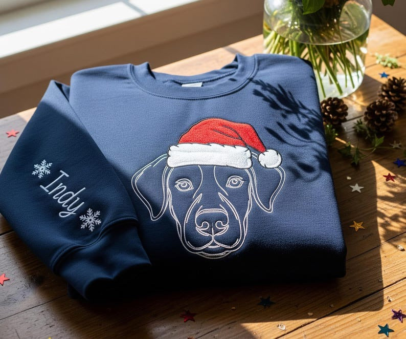 Custom Christmas Pet Sweatshirt – Personalized Dog & Cat Embroidered Holiday Sweater, Custom Name Santa Hat Shirt, Pet Lover Christmas Gift