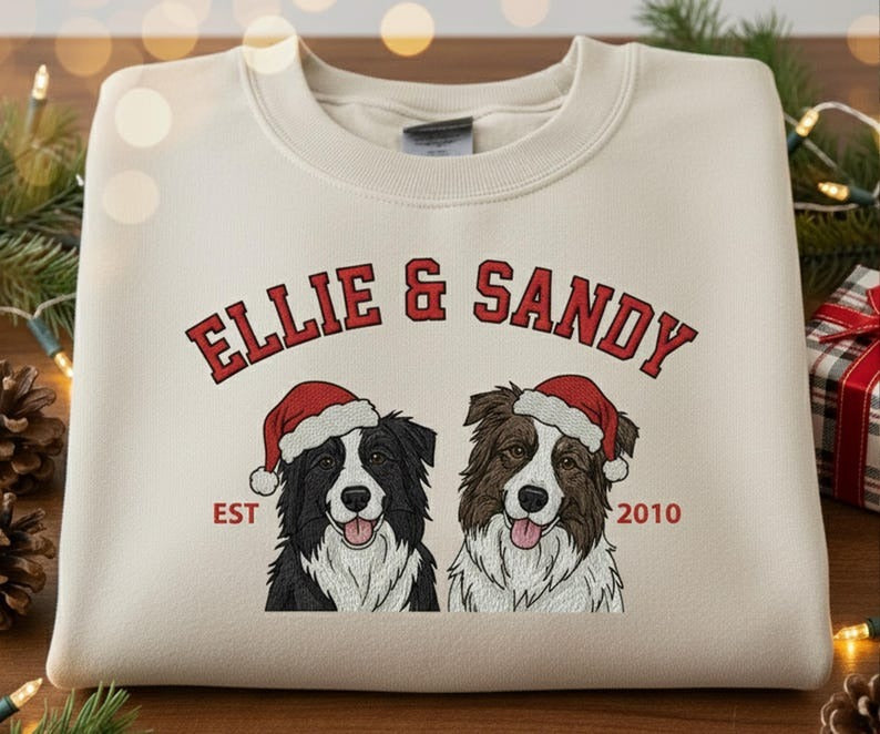 Custom Pet Christmas Embroidered Sweatshirt – Personalized Dog & Cat Portrait Holiday Sweater