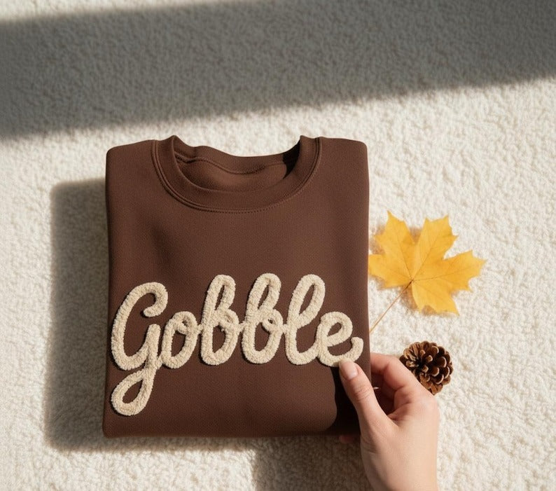 Thanksgiving Gobble Chenille Yarn Shirt, Turkey Family Sweater, Cozy Fall Crewneck, Autumn Outfit, Thanksgiving Shirt Gift, Gift For