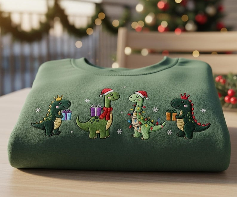 Embroidered Christmas Dinosaur Sweatshirt: Festive Dino Holiday Pullover