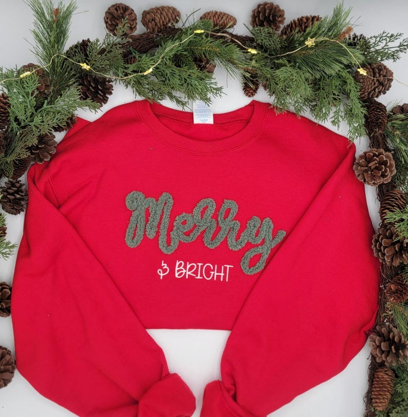Handmade Chenille Yarn “Merry & Bright” Christmas Sweatshirt — Fuzzy Holiday Pullover, Custom Festive Sweater