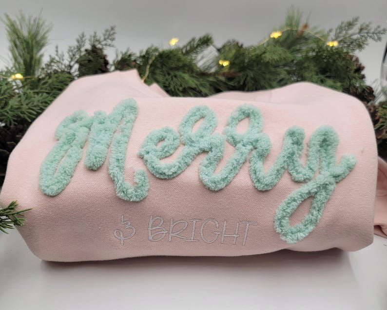 Handmade Merry & Bright Chenille Christmas Sweatshirt — Fuzzy Holiday Pullover, Custom Embroidered Christmas Sweater