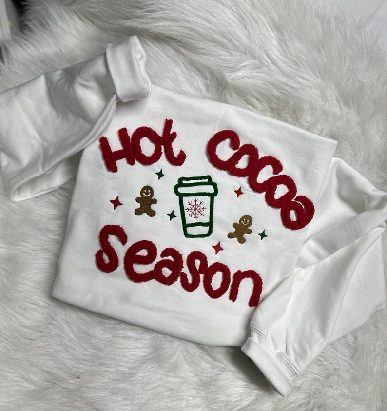 Hot Cocoa Season Chenille Embroidered Sweatshirt, Gingerbread Christmas Sweater, Cozy Holiday Pullover, Fuzzy Winter Gift Shirt