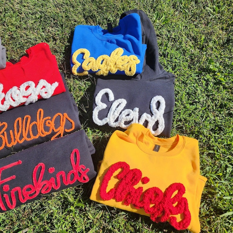 Bride YARN EMBROIDERED Sweatshirt Custom bride Chenille Yarn Fuzzy Letter, Team Spirit Sweatshirt Team