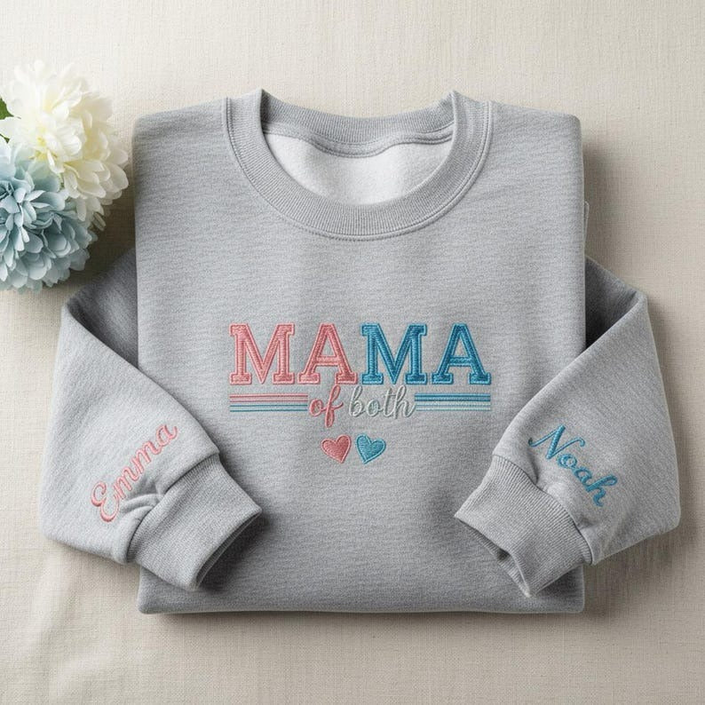 Mama of Both Embroidered Sweatshirt, Personalized Kids Name on Sleeve, Mom of Boy and Girl Gift, Mother's Day Sweater