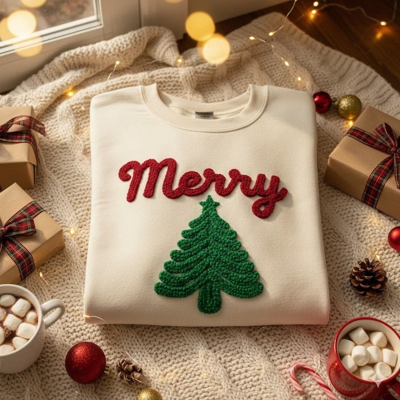 EMBROIDERED Merry Christmas Sweatshirt, Custom Christmas Tree Shirt, Cozy Chenille Yarn Shirt, Holiday Phrase Sweatshirt for Women