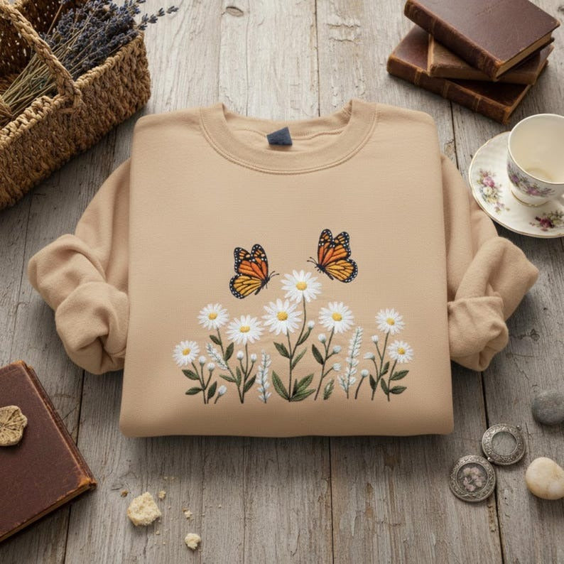 Embroidered Monarch Butterfly And Daisy Sweatshirt – Cottagecore Floral Nature Lover Garden Aesthetic Crewneck