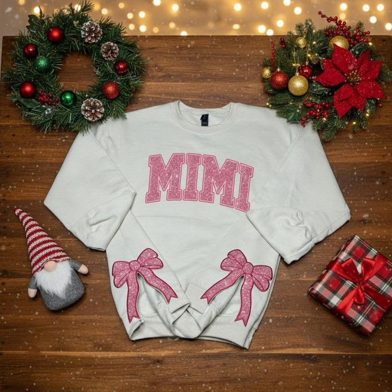MIMI Side Bow Embroidered Sweatshirt, christmas side bow, Side Bow Applique, christmas crewneck bows, split hem christmas, Mama bow Shirt