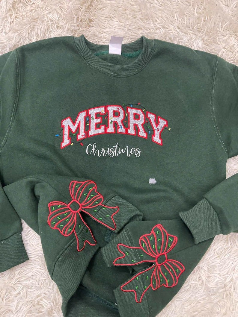 Custom Glitter Side Bow Embroidered Sweatshirt, Christmas Mom with Red Bow Applique, Holiday Mama, Cute Xmas Gift for Moms, Custom Family