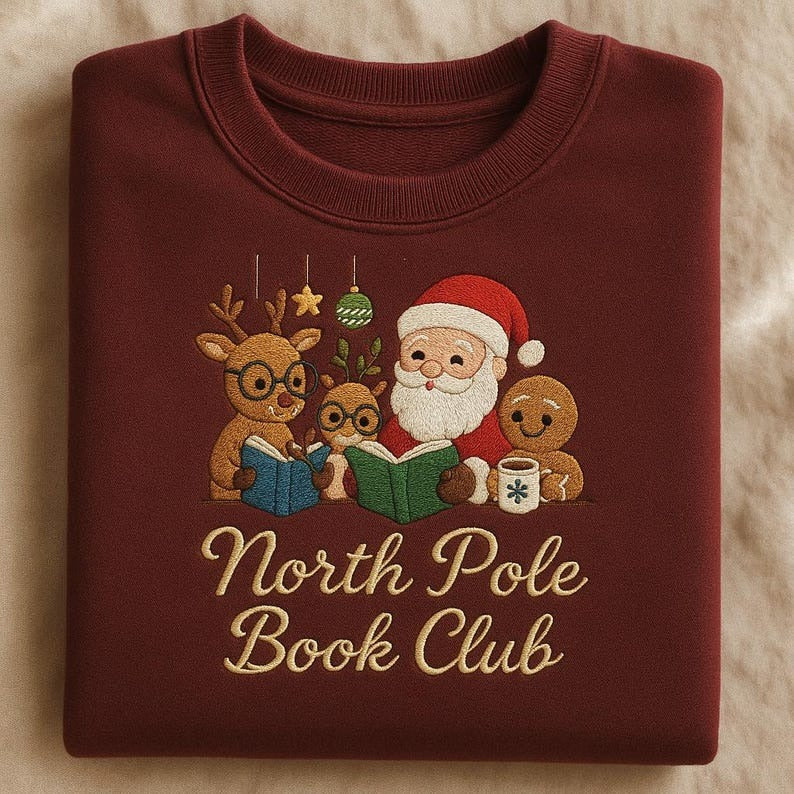 North Pole Book Club Embroidered Sweatshirt, Cute Xmas Reading Group Shirt, Santa Reindeer Owl Gift, Holiday Book Lover Crewneck