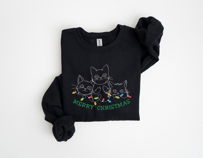 Christmas Cats Embroidered Sweatshirt, Holiday Apparel, Holiday Sweatshirt, Cozy Christmas Embroidery, Christmas Gifts | Embroidered Cats