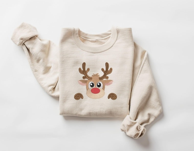 Christmas Reindeer Embroidered Sweatshirt, Holiday Apparel, Holiday Sweatshirt, Christmas Embroidery, Christmas matching Gifts