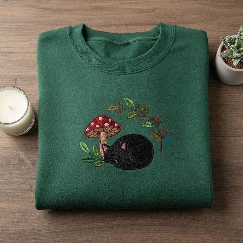 Black Cat Embroidered Hoodie, Sleeping Cat Mushroom Sweatshirt, Goblincore Aesthetic Tee, Forest Witchy Nature Lover Gift