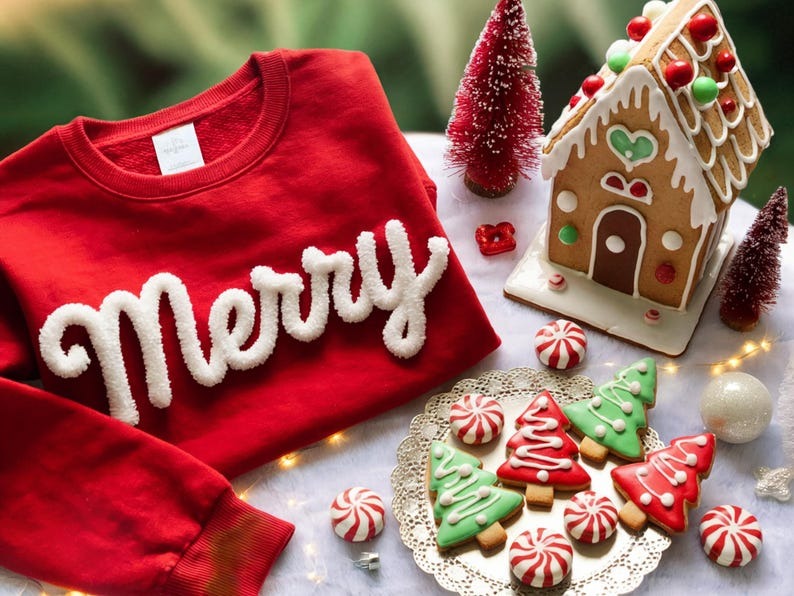 Red & White EMBROIDERED SWEATSHIRT | Merry Christmas Gifts Chenille Yarn Custom Crewneck | Personalized Sweater | Holiday Shirt