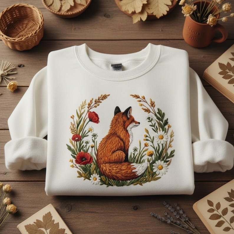 Embroidered Fox and Flowers Sweatshirt Cottagecore Nature Inspired Shirt Woodland Animal Lover Gift Vintage Forestcore Embroidery Top