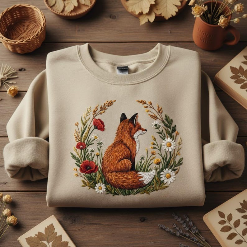 Embroidered Fox and Flowers Sweatshirt Cottagecore Nature Inspired Shirt Woodland Animal Lover Gift Vintage Forestcore Embroidery Top