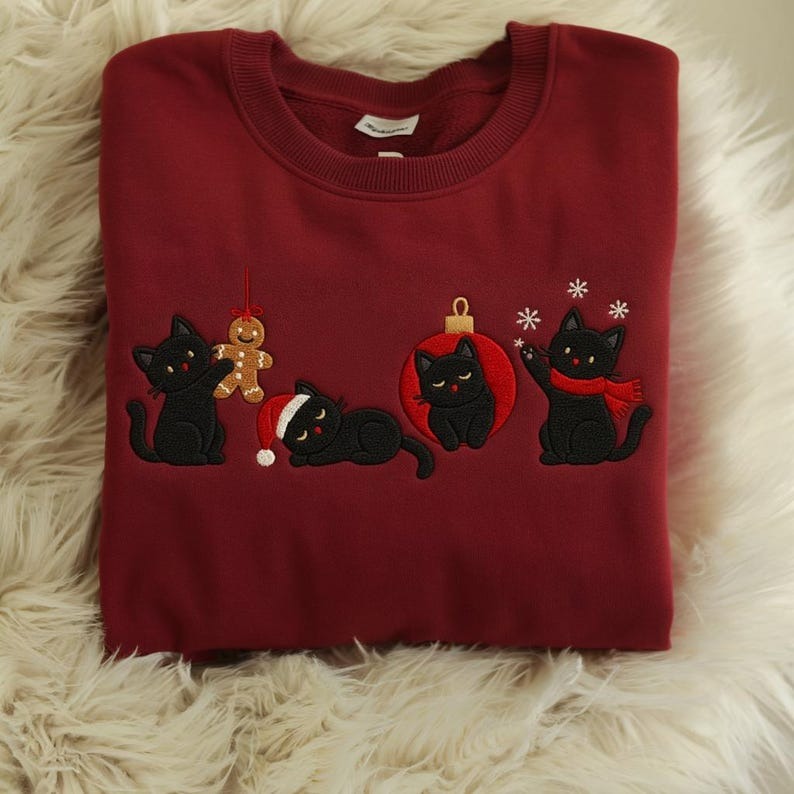 Black Cat Embroidered Holiday Sweater, Christmas Cat Lover Sweatshirt, Cozy Winter Top, Christmas Gift for Cat Lovers