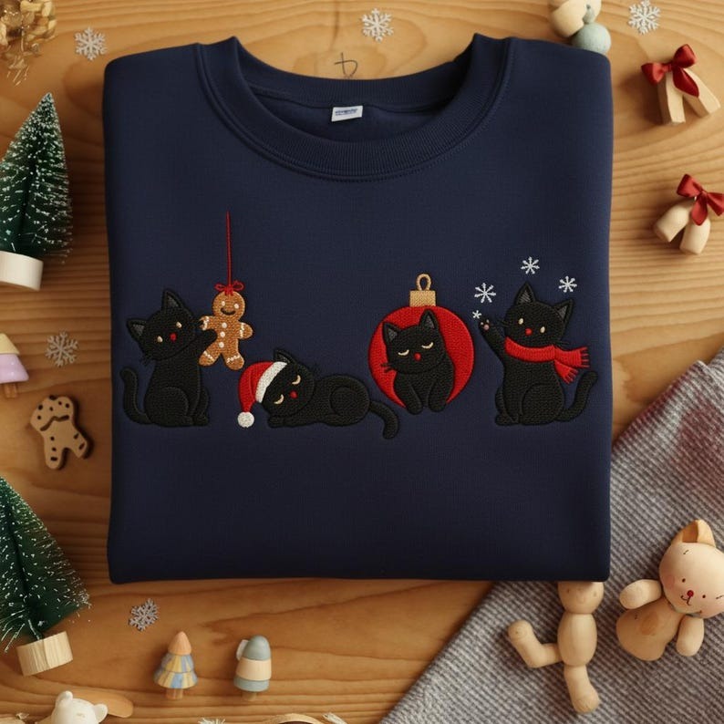 Black Cat Embroidered Holiday Sweater, Christmas Cat Lover Sweatshirt, Cozy Winter Top, Christmas Gift for Cat Lovers