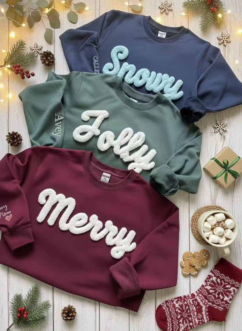 Chenille YARN EMBROIDERED Sweatshirt Merry Christmas Sweatshirt Women's Holiday Sweatshirt Christmas Trending Now Xmas Gifts Holiday Shirt
